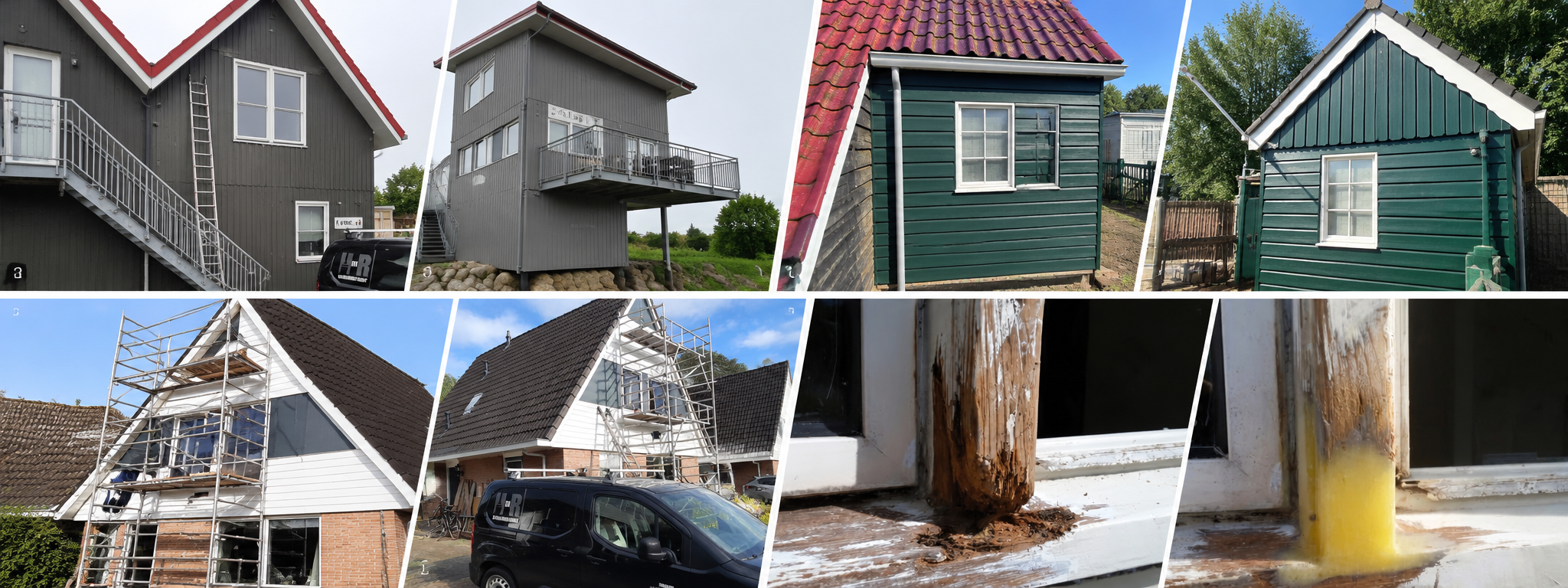 Collage van schilderwerk aan woningen en een groen bijgebouw, gevelonderhoud en houtrotreparatie door HenR Schildersbedrijf.