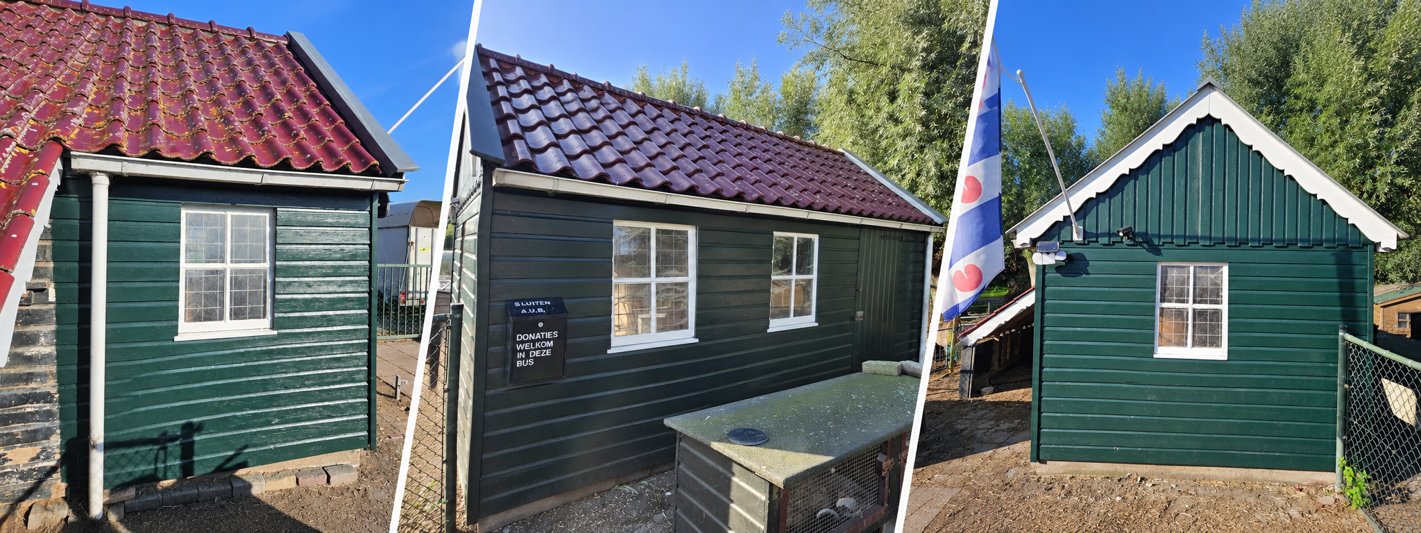 Drie aanzichten van een groen geschilderd houten bijgebouw met witte kozijnen en daklijsten, uitgevoerd door HenR Schildersbedrijf.