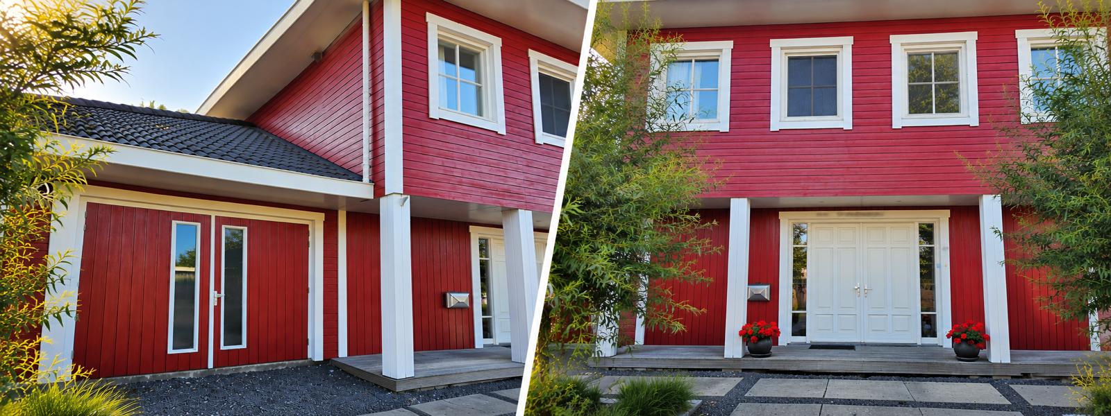 Rood geschilderde houten woning met witte kozijnen en gevelbekleding – HenR Schildersbedrijf
