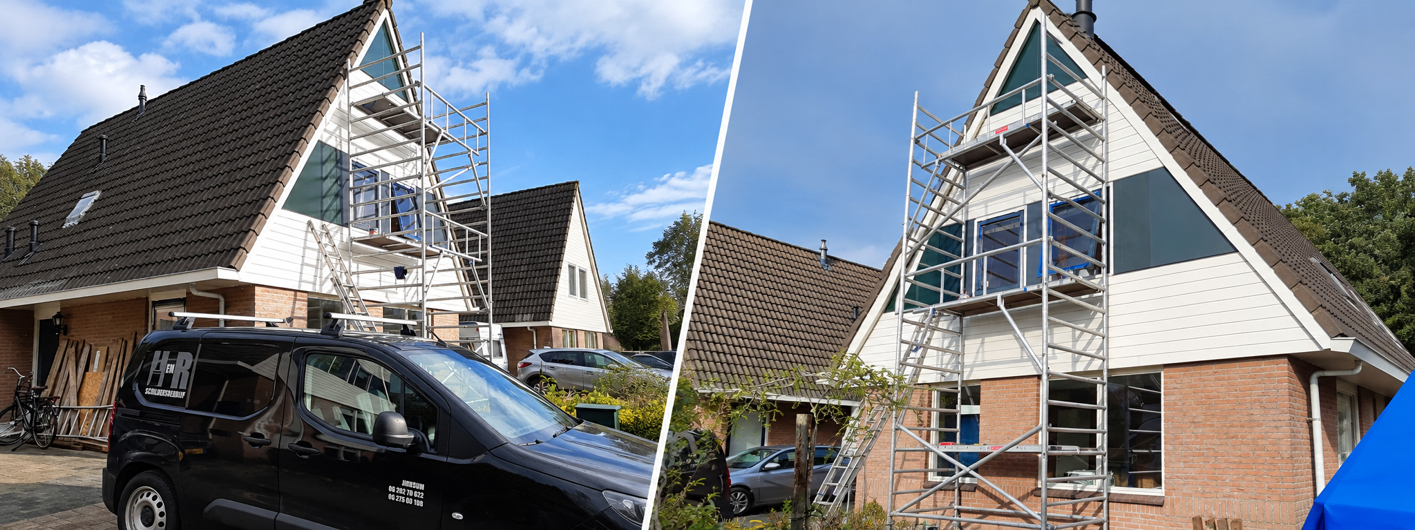 Twee aanzichten van een woning met wit houten gevelwerk en steigers tijdens buitenschilderwerk door HenR Schildersbedrijf.