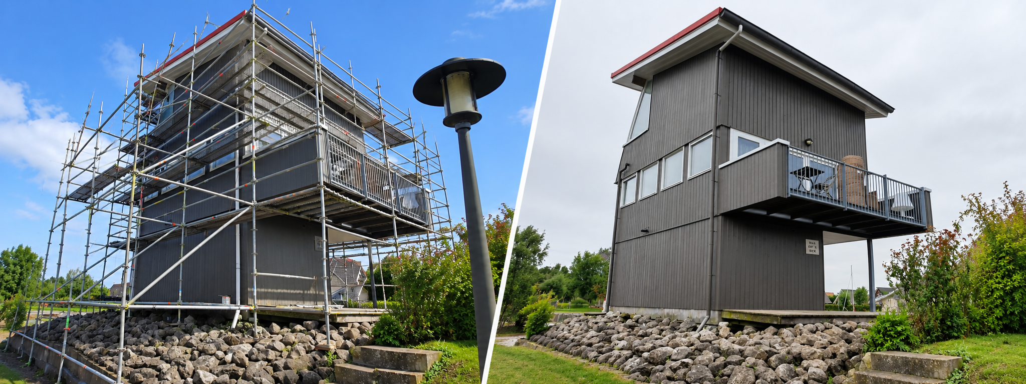 Voor en na buitenschilderwerk aan een houten woning: links tijdens de werkzaamheden met steigers, rechts het eindresultaat.